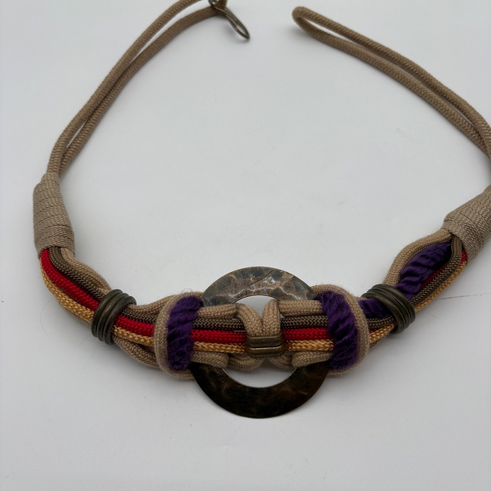 Womens Bohemian Multi Color Braided Rope Belt Bronze Ring Tan Purplle 80s-90s